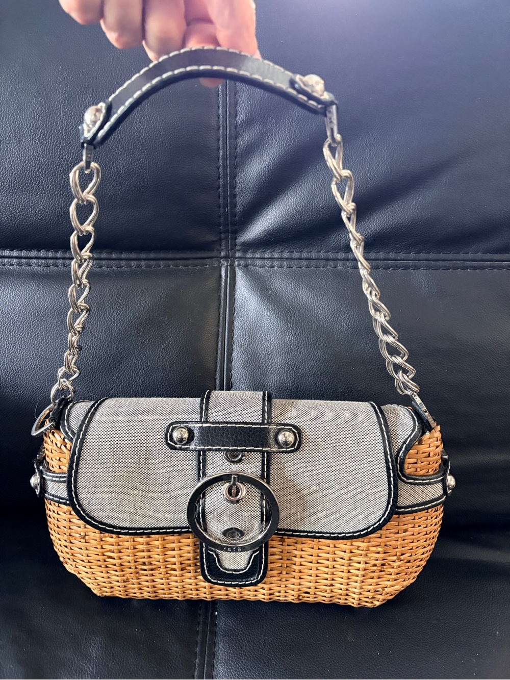 Rafe New York Vintage Wicker Basket Shoulder Bag Chain Strap Black Tan